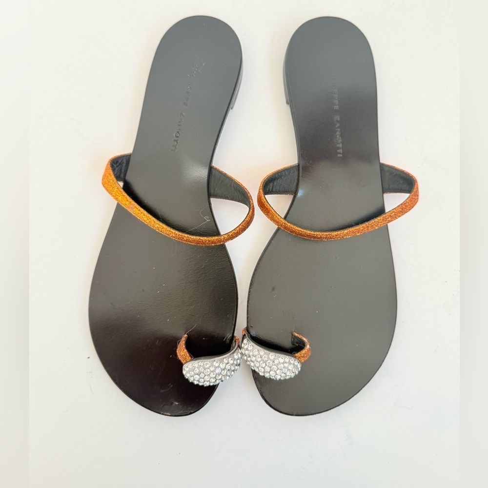 Giuseppe Zanotti  Orange Glitter Leather stone embellished Toe Ring Sandals 38.5 - Picture 2 of 10